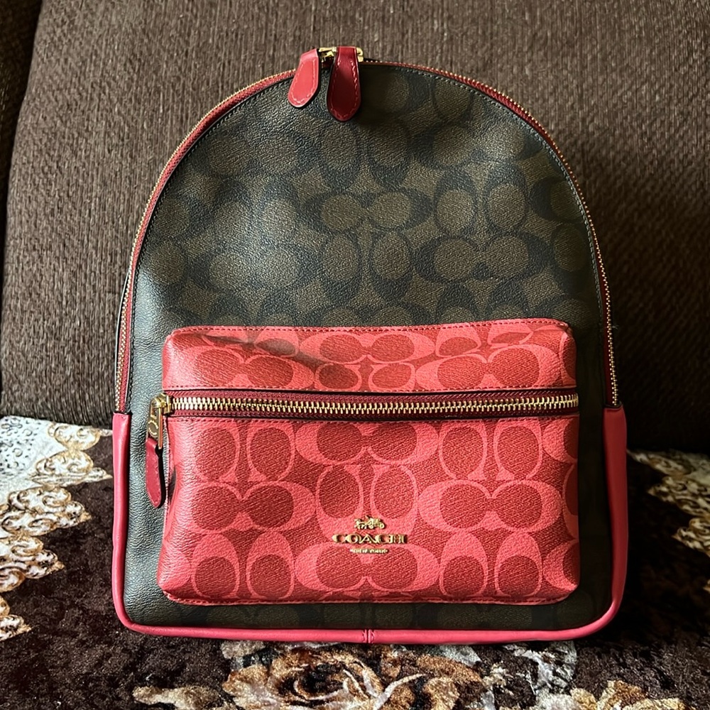 Coach Signature Brown and Red Backpack